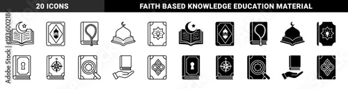 Islamic holy book and religious study icons featuring hybrid designs with crescent moon mosque dome prayer bead and compass symbols