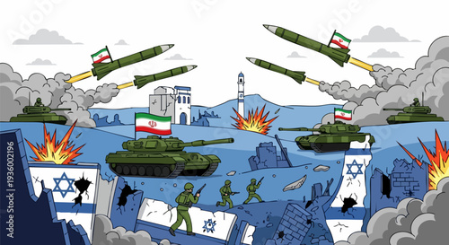 Conflict between Iran and Israel with tanks, missiles, and soldiers vector illustration