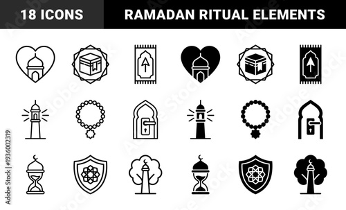 Islamic holiday celebration elements for festive greeting cards. Bold monoline illustrations featuring dates, prayer beads, and cultural decorations for Eid al-Fitr.