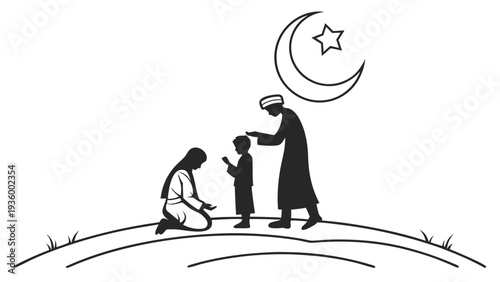 Family in simple silhouette celebrating eid al adha celebration muslim