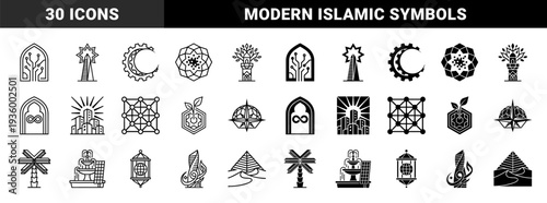 Symmetry of Tradition and Innovation Featuring Islamic Architectural Elements Merged with Modern Technology and Industrial Symbols in Line and Solid Style
