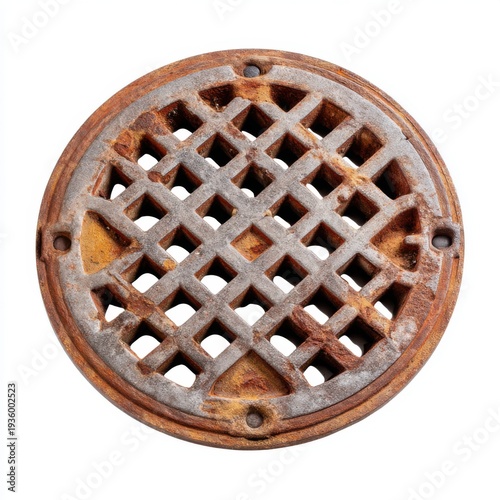 Round metal manhole cover with visible rust and dirt, isolated on white background, great for themes of urban exploration and abandoned places 