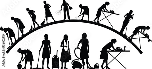 Black silhouette collection of women performing various household chores including cleaning sweeping ironing vacuuming and gardening on a white background isolated