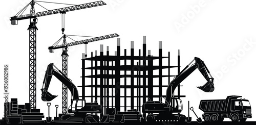 Construction site silhouette with tower cranes excavators dump truck and building frame under development isolated on white background vector illustration