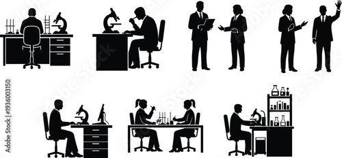 Professional Laboratory Scientist Silhouettes Collection Featuring Researchers Using Microscopes Conducting Chemical Experiments and Business 