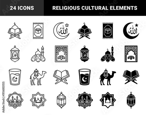 Islamic Religious Hybrid Symbols Featuring Quranic Manuscripts Mosque Architecture Crescent Moon Stars Lanterns and Dates in Minimalist Outline and Solid Styles