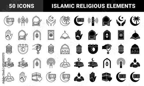 Islamic tradition and Ramadan celebration line art elements. Minimalist monoline cultural symbols featuring lantern, dates, prayer mat, and crescent moon.