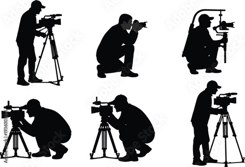 Set of professional videographer and photographer silhouettes operating video cameras on tripods, handheld gimbals, and digital cameras for media production.