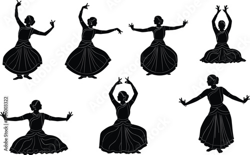 Set of Indian classical dancer silhouettes in traditional poses and costumes for cultural performance, art projects, and cad drawing flat vector illustration.
