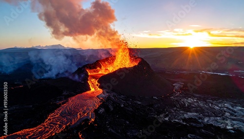 Volcanic Eruption at Sunset - A Fiery Display of Natures Power.