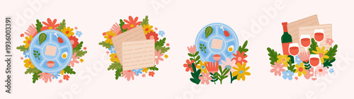 Passover Greeting Card set. Happy Passover Jewish Holiday Design with Spring Flowers, Seder Plate, Traditional Pesach Celebration. Flat Vector Illustration.