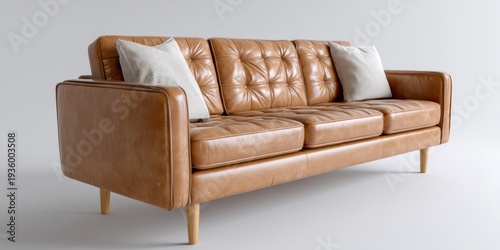 Top angle of retro-style caramel leather couch on white, great for vintage-inspired interior visuals and creative studio branding 