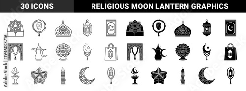 Islamic ramadan cultural symbols featuring hybrid designs with crescent moon prayer beads and lantern motifs in dual outline and solid silhouette styles