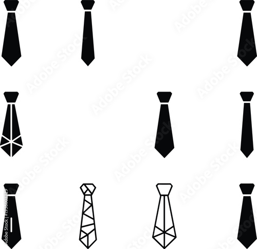 Necktie icon set featuring various formal tie designs, business apparel symbols, professional dress accessories, and geometric patterned neckwear for corporate style.