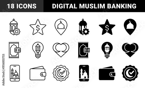 Islamic Fintech and Digital Religion Icon Collection Featuring Mosque Pin Prayer Rug Credit Card Lantern Gear and Halal Seal in Line and Solid Style