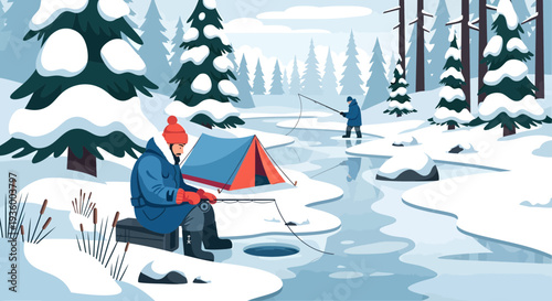Man ice fishing in winter tent near frozen lake.