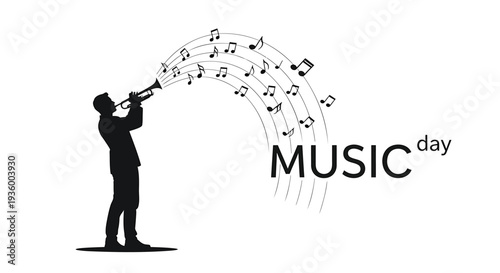 Vector illustration of man playing trumpet with music notes and MUSIC day text