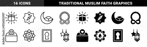 Islamic Religious Symbols Combining Traditional Elements with Modern Minimalism Featuring Kaaba Compass Moon Prayer Beads Charity Box and Lantern