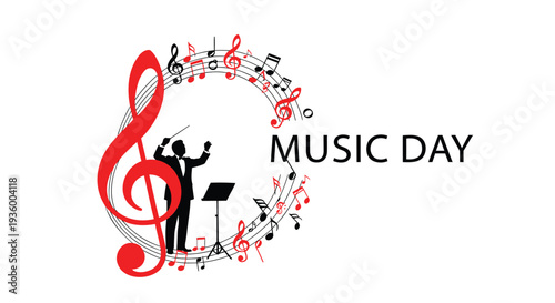 Vector illustration of Music Day logo with treble clef and musician