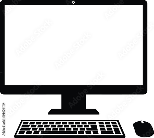 Desktop computer monitor with keyboard and mouse silhouette isolated on white background, modern PC workstation vector illustration for technology design