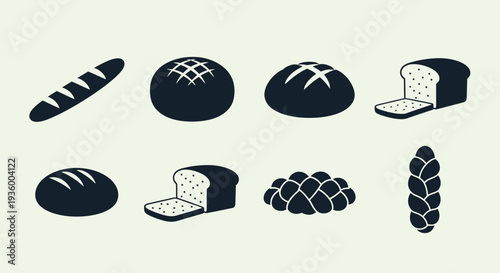 Assorted Bread Icons: Baguette, Loaf, Round, Braided, Sliced