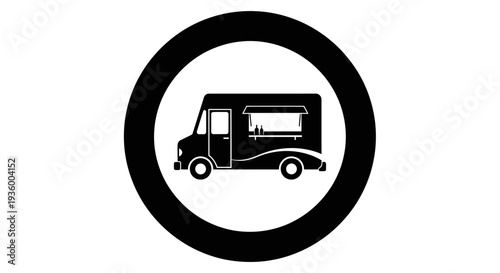 Black and white food truck icon in a circle, simple vector graphic