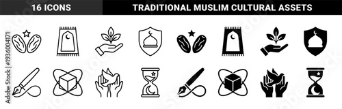 Islamic heritage and spiritual symbols featuring hybrid motifs with crescent moon and star integrated into dates prayer rug shield and hourglass