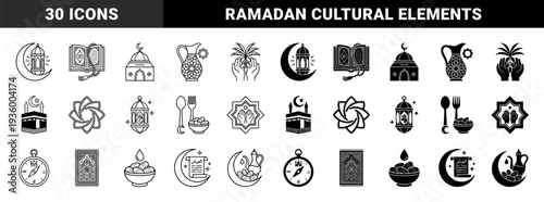 Islamic Religious Symbols Combining Crescent Moons With Traditional Lanterns Prayer Rugs And Dates In Dual Outline And Solid Minimalist Graphic Style