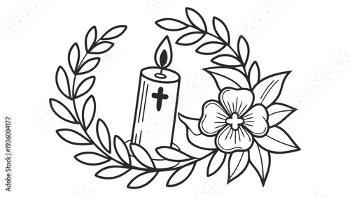 Black and white of candle with cross surrounded by floral wreath and flower leaves