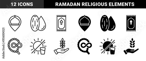 Islamic religious symbols and hybrid Ramadan icons featuring mosque location pin prayer rug dates tasbih beads fasting sun and zakat charity hand