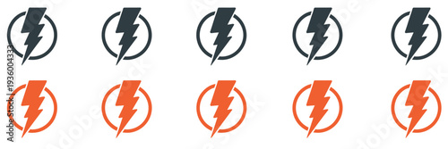 Lightning bolt icon set with thunderbolt inside circle shape, electric power energy symbol, lightning flash sign, high voltage electricity concept vector