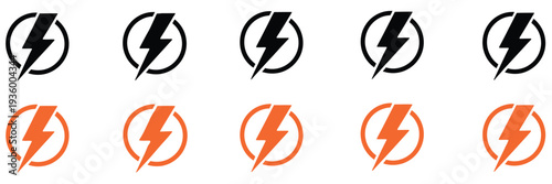Thunderbolt electric flash icon collection inside round frame, lightning bolt power energy symbol, electricity technology, storm lightning sign, and modern vector