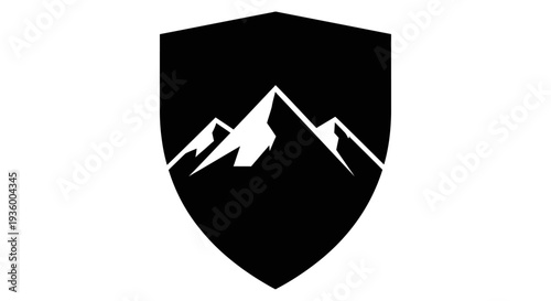 Black shield emblem with snow-capped mountains inside, vector logo