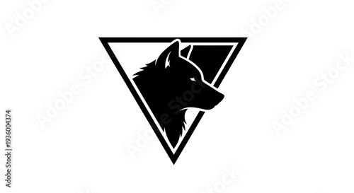 Black wolf head silhouette inside triangle logo, modern graphic design