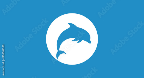 Blue dolphin leaping inside white circle on bright blue background