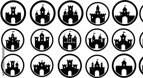 Castle Icons: Medieval Fortress Silhouettes in Circles