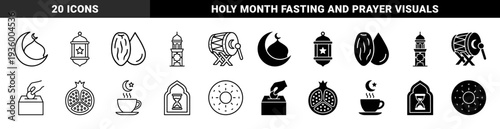 Islamic Ramadan religious symbol collection featuring crescent moon mosque dome lantern drum date fruit pomegranate hourglass and charity box in dual outline and solid style