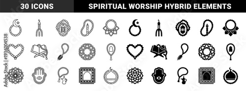 Islamic spiritual hybrid symbols merging prayer beads with crescent moon minaret lantern mosque dome hamsa hand and prayer rug in outline and solid style