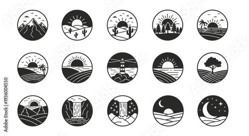 Circular Landscape Icons Set: Mountains, Desert, Forest, Ocean, Waterfall, Night Sky