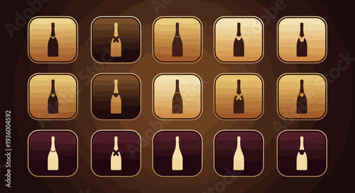 Collection of Champagne Bottle Icons on Golden and Purple Backgrounds