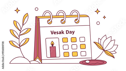 Vesak Day calendar with candle and lotus leaf