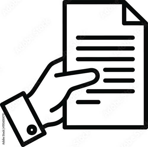 Thin Outline Vector Icon of Paper or Document in Person’s Hand for Requests and Submissions