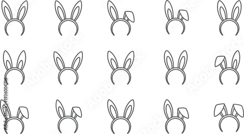Easter rabbit, bunny ear headband in different positions and arrangements, such as upright, floppy, or angled. 