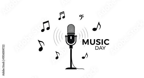 Vector illustration of microphone with music notes and Music Day text