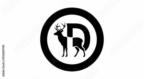 Deer Silhouette in Circle with Letter D - Vector Logo Design