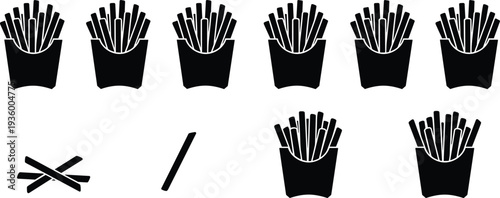 French fries silhouette icon set with potato fries in box and sticks isolated vector illustration for fast food restaurant menu design