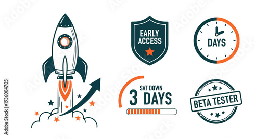 Rocket launch early access and beta tester badge icon set for product release