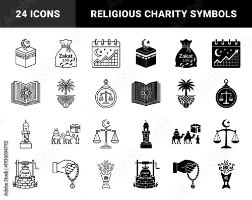 Islamic finance and zakat charity hybrid icons merging religious symbols with monetary elements like coins currency scales and growth charts in dual style