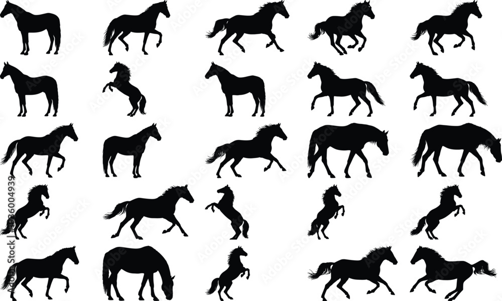 Fototapeta premium Compilation of horse silhouettes showing dynamic poses like rearing, running, and grazing, ideal for creating striking animal-themed visuals.