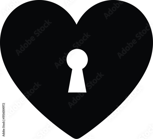 Black heart shape with a white keyhole in the center.  
"Heart Lock" metaphor for unlocking someone feelings. Valentine's Day themes, greeting cards, and website design. 